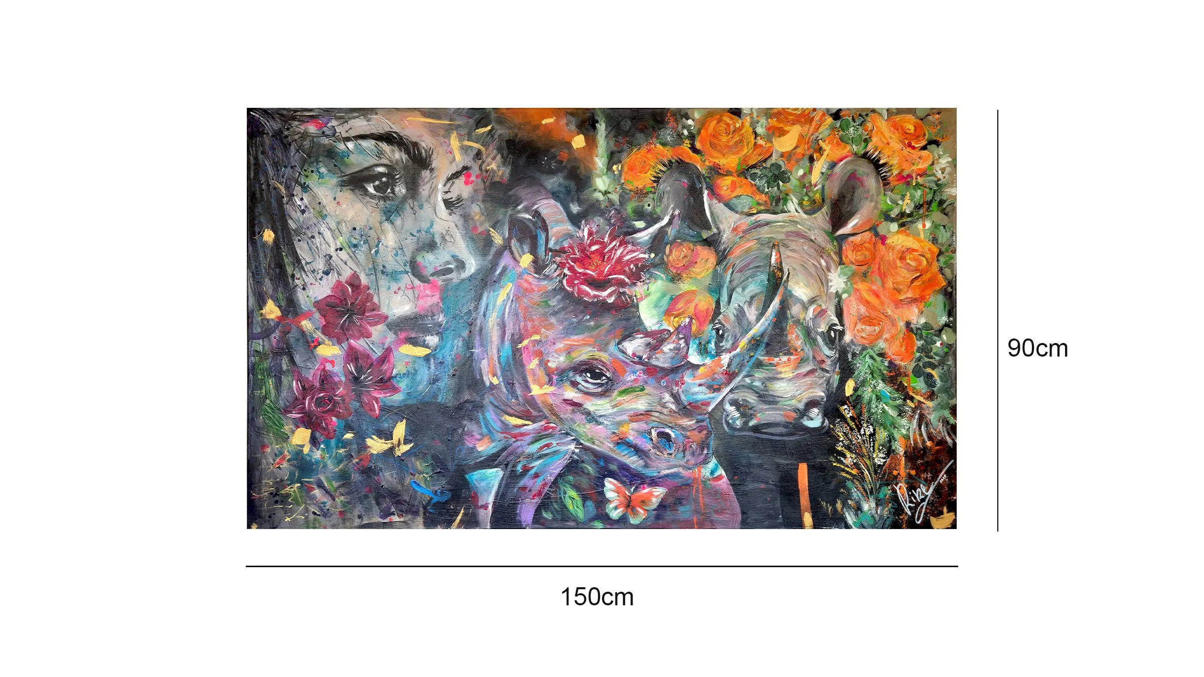 Nashörner, Portrait in Kohle, Blumen