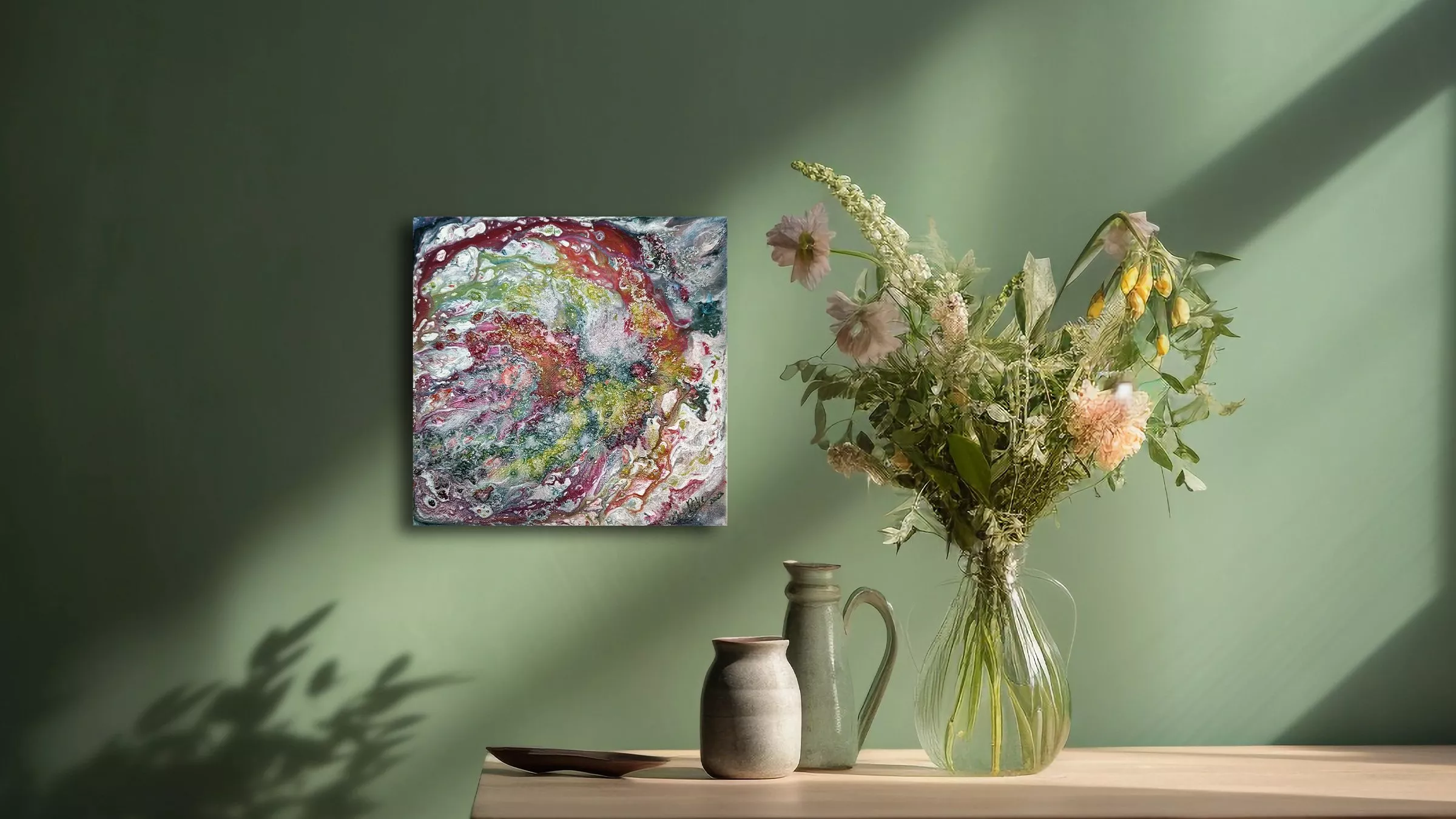 Pouring-Malerei Leinwand hängt an Wand