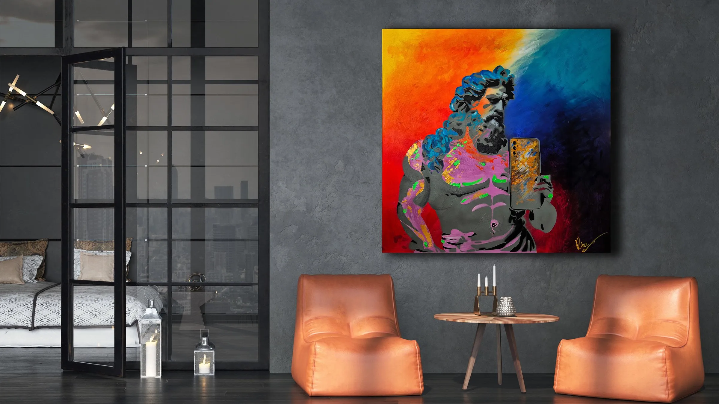 Selfie 2 Stencil von Künstlerin Rike WolkeSieben, Mixed Media Kunstwerk Selfie, Pop-Art Interpretation Antike und Gegenwart