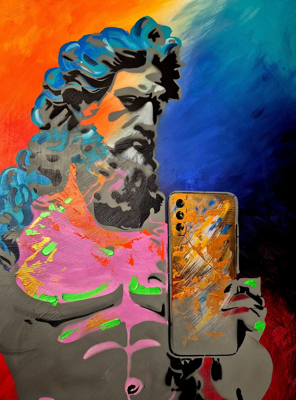 Selfie 2 Detail griechischer Gott mit Handy