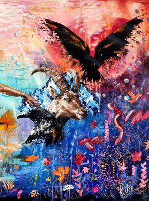 Detail Tiefgang Rabe und Steinbock von Künstlerin Rike WolkeSieben zeitgenössische Kunst