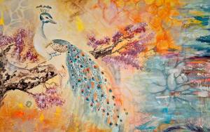 Detail Pfau Mondsüchtige Bienenkönigin Acryl auf Leinwand Malerei